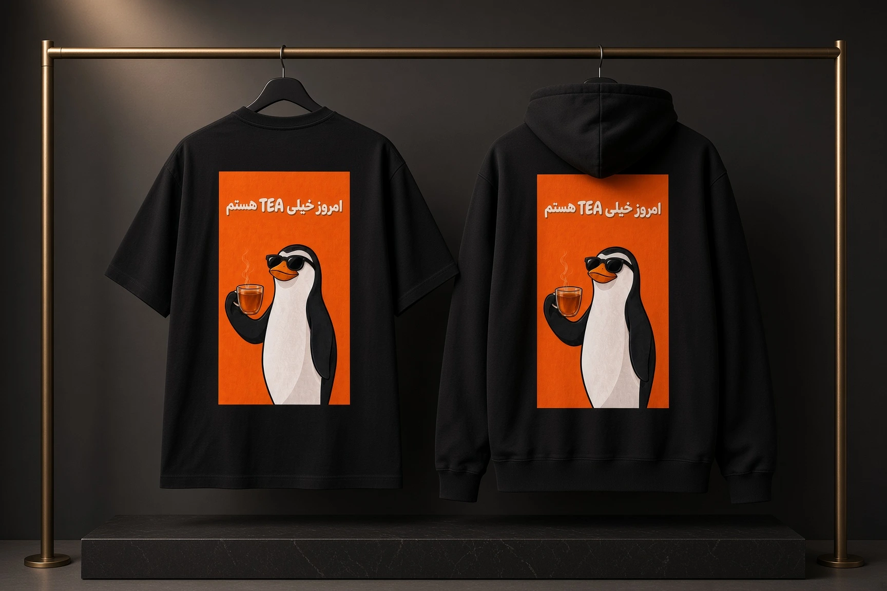 Doojman graphic garment concepts displayed together in a warm charcoal studio